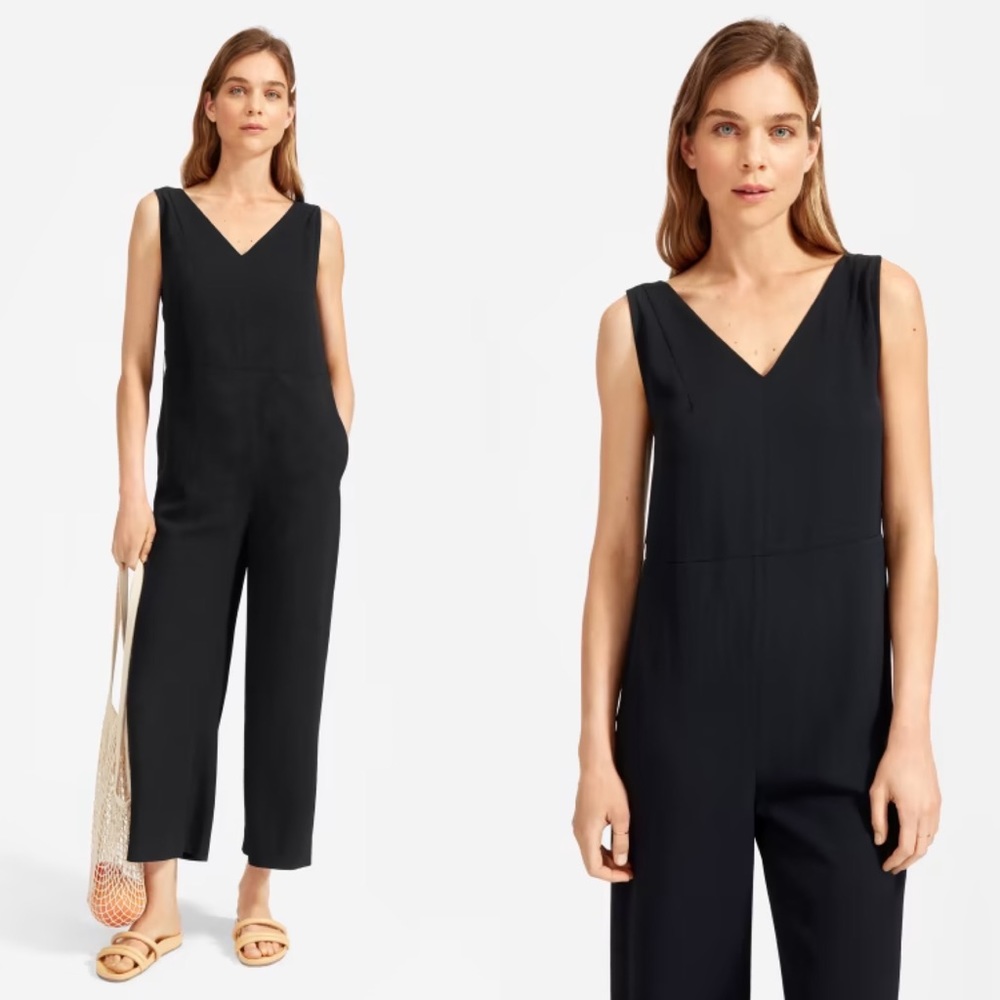 EVERLANE The Japanese GoWeave Essential Jumpsuit in Black V Neck Pockets 8 NEW